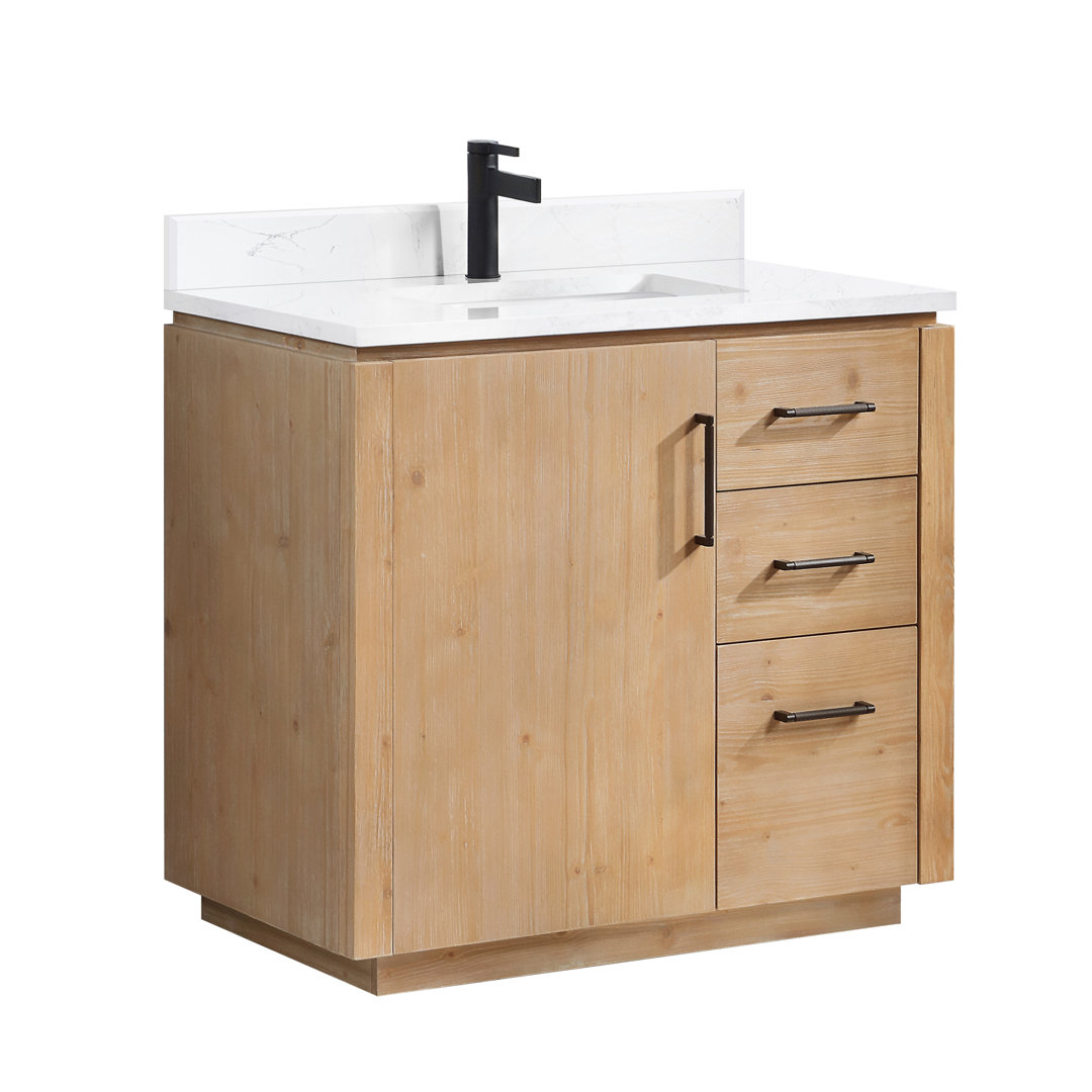 Cloverfield 36" Single Bath Vanity in Fir Wood Brown with Grain Composite Stone Top and Mirror